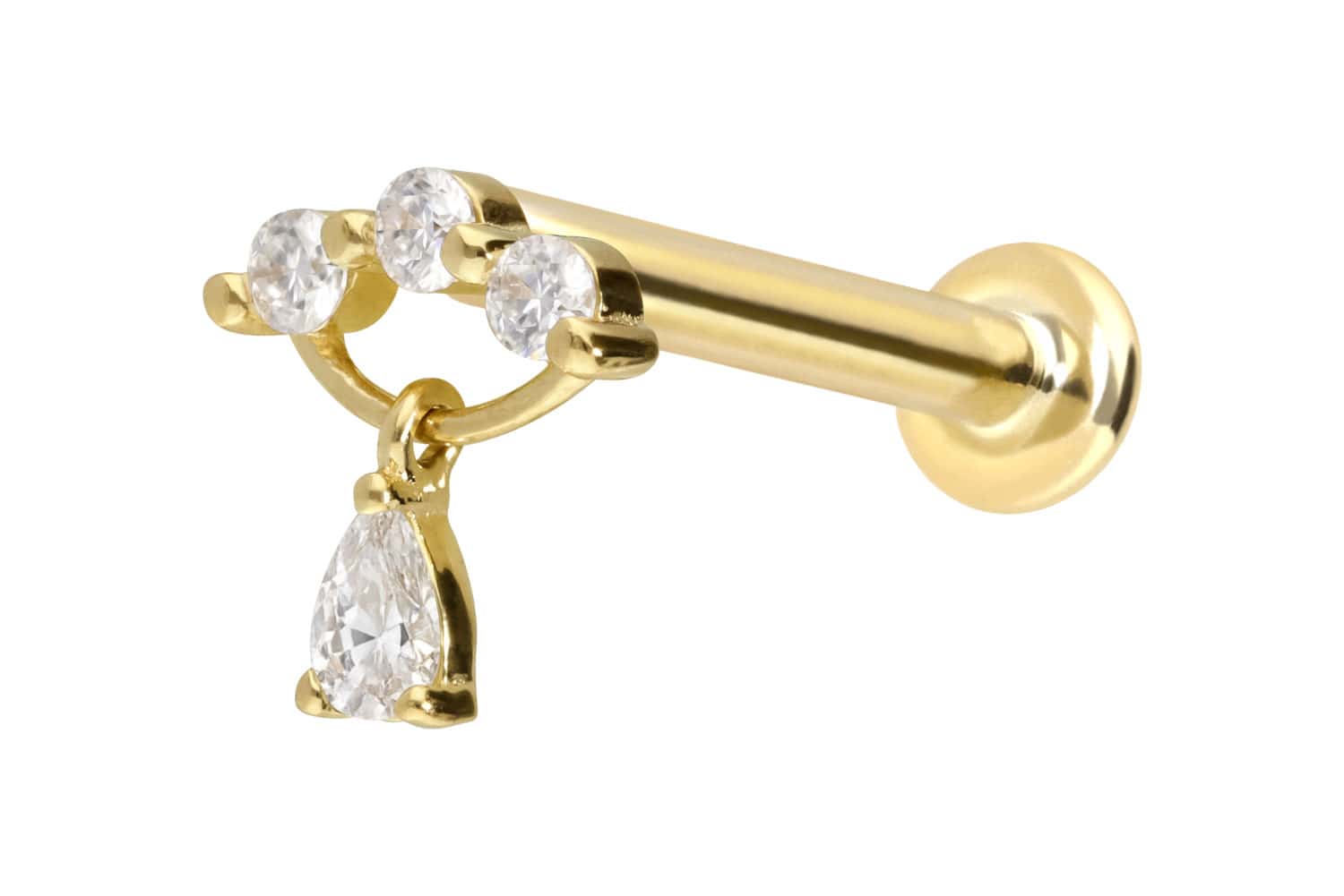 14 Karat Gold Labret Piercing mit Push Fit MOISSANIT-BOGEN + MOISSANIT-TROPFEN